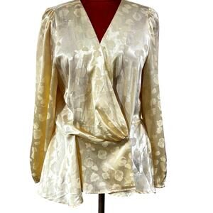 Silky cream blouse V-neck faux wrap dressy satin brocade size L by Alice Blue